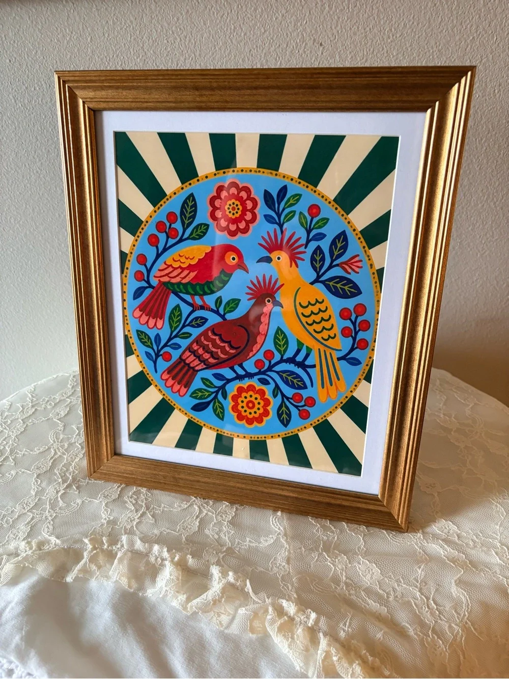 Colorful Folk Art Bird Print in Gold Frame - Blue, Red, Yellow